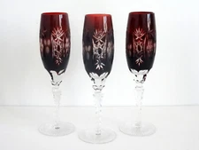 3 Ajka Marsala Cut to Clear Crystal Tall Stem Ruby Red Champagne Flutes Glasses