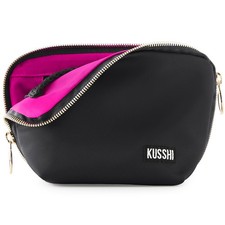 KUSSHI Washable Travel Makeup Bag Purse Everyday - Satin Black/Pink