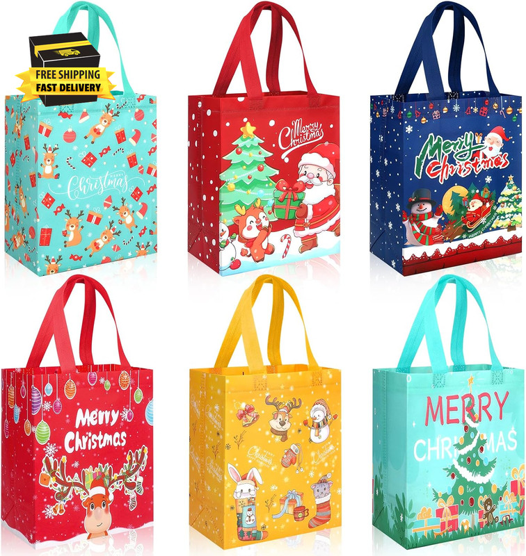 Christmas Gift Bags with Handles - Reusable Small Xmas Present Tote Bags with Sa