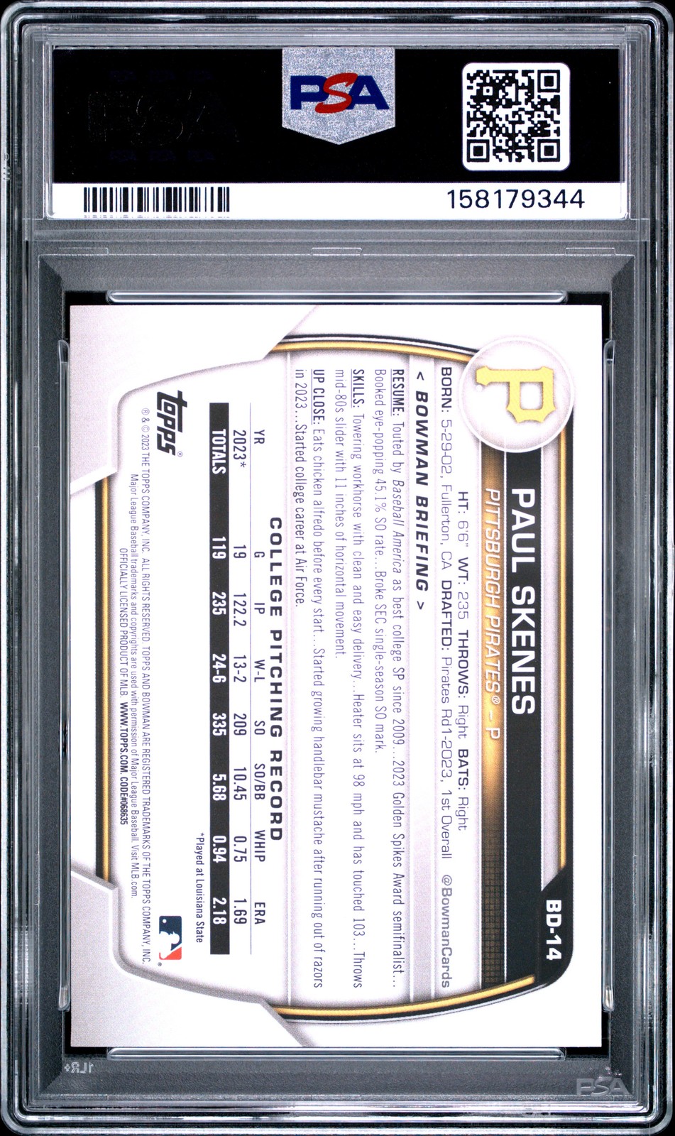 2023 BOWMAN DRAFT #BD14 PAUL SKENES PSA 8 view 2