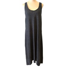 Eileen Fisher Maxi Dress Sz XL Grey Black Striped 100% Linen Racerback Coastal