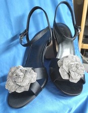 J Crew Rhinestone Satin Rosette Heels Black Sandal, Ankle Strap, Nice