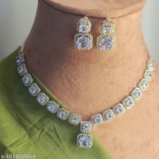Bollywood Indian Silver FN White AD CZ Choker Necklace Fashion Jewelry Set A93