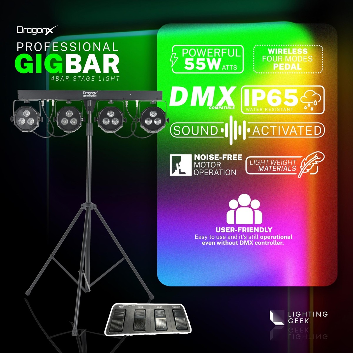 DragonX 4 Gig Bar DJ Lighting Stand – LED Stage RGB Par Lights