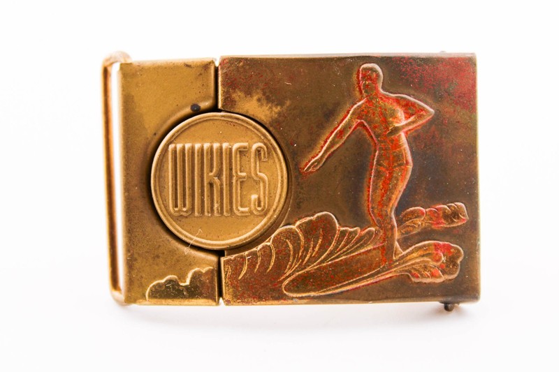 1930S WIKIES DUKES HAWAII BRASS SURF RIDER SWIM SUIT BELT BUCKLE RARE