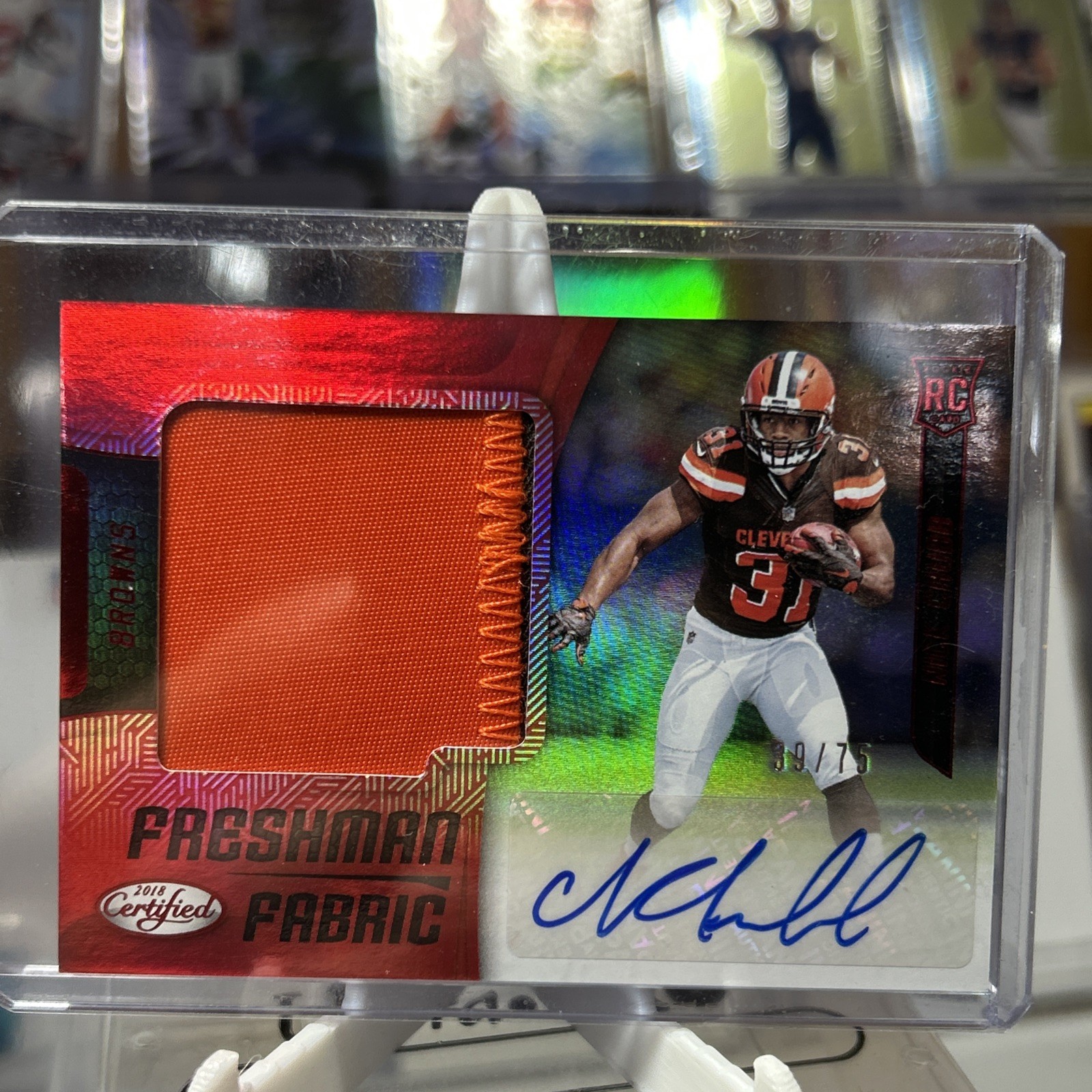 2018 Certified Freshman Fabric RPA Mirror Red Nick Chubb Rookie Patch Auto /75