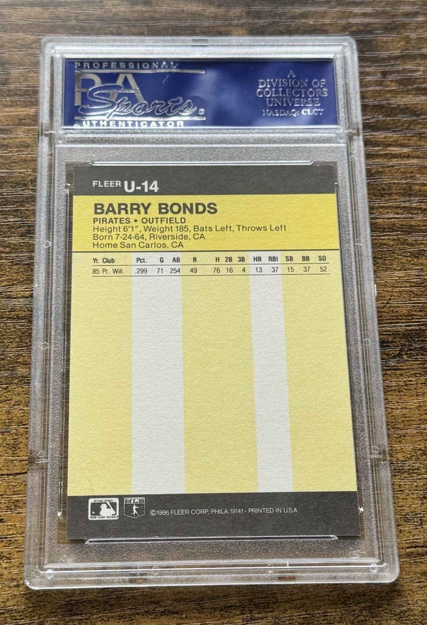 1986 FLEER UPDATE #U-14 BARRY BONDS ROOKIE RC PSA 8 NM-MT view 2