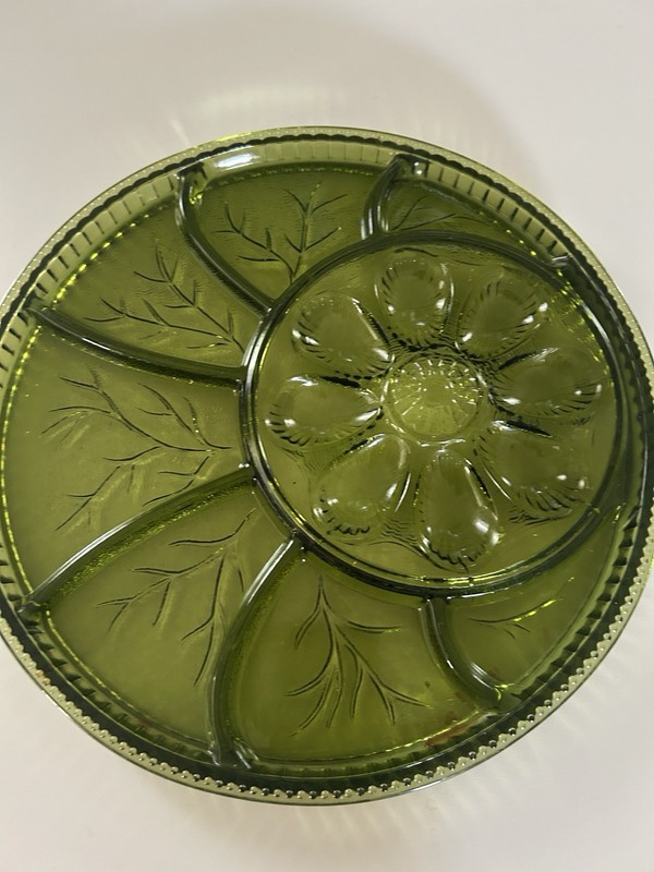 Vintage Indiana Green Glass Split Egg Plate Divided Cheese Fruit Tray 13"