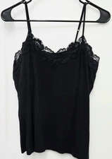 Vintage Attention Black Cami Top With Built In Support Bra Lace Trim Y2K Goth LG