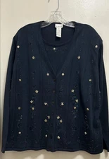 VTG Koret Blue Embroidered Floral Beaded Button Down Cardigan Knit Sweater Sz L
