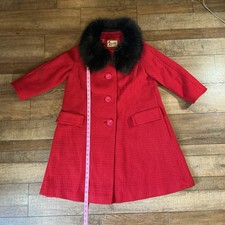 60s VINTAGE Size 11 Ros e Napa Girls Red Wool Coat Faux Fur Collar USA Made 5724