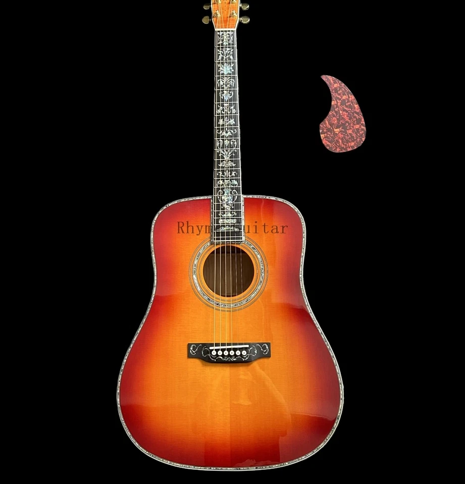 Abalone Flower Cherry Sunburst D45 Acoustic Guitar Spruce Top Quilted Maple Back - Image 4 of 4