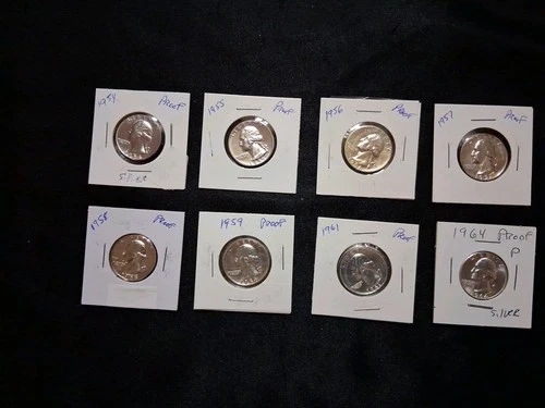 8 Diff Washington Proof Silver Quarters 54. 55. 56. 57. 58. 59. 61 & 64.  Silver