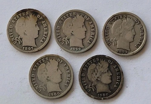 Lot of 5 (5) Barber Dimes 1897 1899 1900 90% Silver