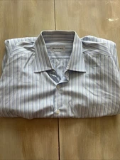 Turnbull & Asser Mens 18 45 Blue Shirt White Yellow Stripe Button Long Sleeve