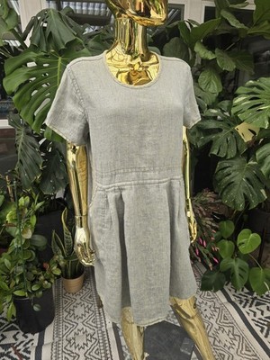 FLAX 100% Linen Reversible Dress Top Tunic Dress Gray Blue Textured Pockets M