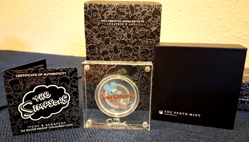 2021 Tuvalu Simpsons Itchy & Scratchy 1 oz Silver Proof Colored Coin RARE-5,000