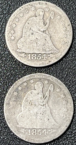 Lot of 2x 1854 Arrows Liberty Seated Silver Quarters Grades G-VG Ships Free!