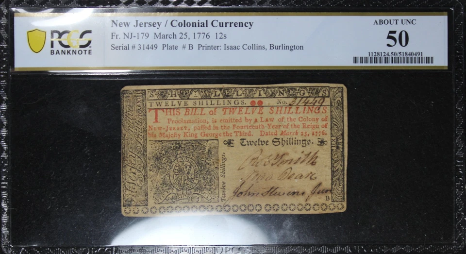 1776 AU50  New Jersey Colonial Note, SN 31449, 12 Shillings - Image 3 of 4