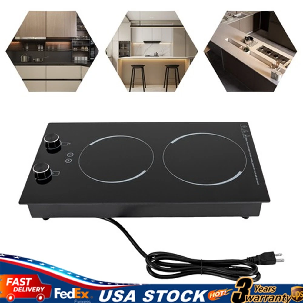 Electric Cooktop 2 Induction Burner Built-in Electric Stove Top Knob Control