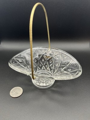 Avon Pressed Glass Clear Decorative Basket Oval with Gold Handle