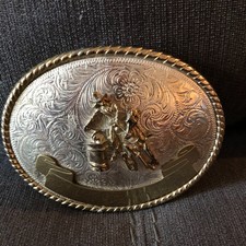 Silver Western Belt Buckle w/Barrel Racing Cowgirl Horse