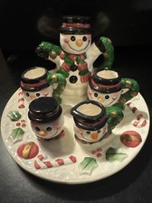 Vtg Mini Miniature Holiday Treasures Tea Pot Cups Set 8-piece Snowman