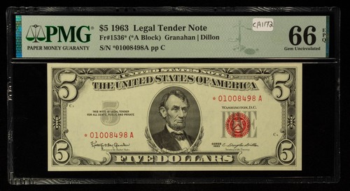 Fr 1536* $5 1963 Legal Tender Note US PMG 66 EPQ Star Note - SKU-CA1172 - Picture 1 of 2