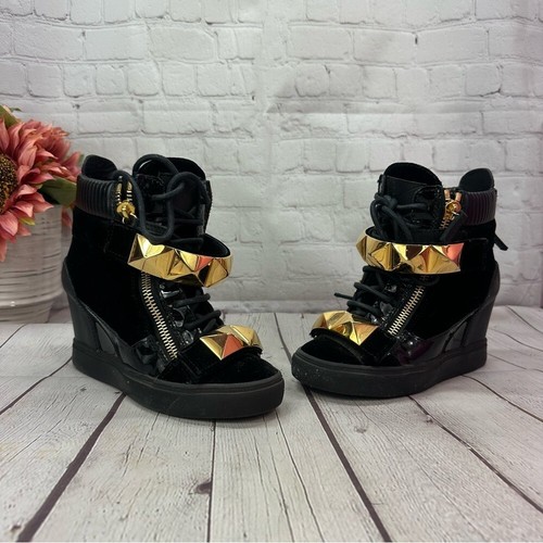 giuseppe zanotti design coby velvet trainers wedge sneaker boot gold black 36.5