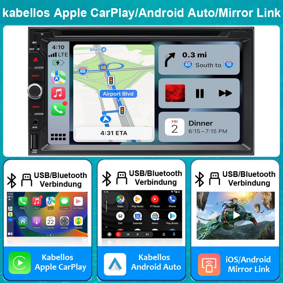 DE 6.2" Autoradio Kabelloses Apple Carplay Android Auto Navi DVD CD 2Din mit DAB - Bild 3 von 4