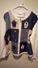 Tacky Zip-Up Cardigan Sweater w/ Birdhouses - Croft  Barrow - Large L - White