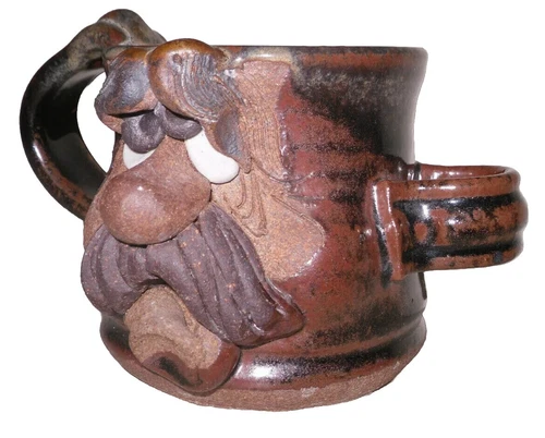 VTG Signed 1980 MAHON Made Stoneware Hand Crafted Funny Face Mug Man w/Mustache