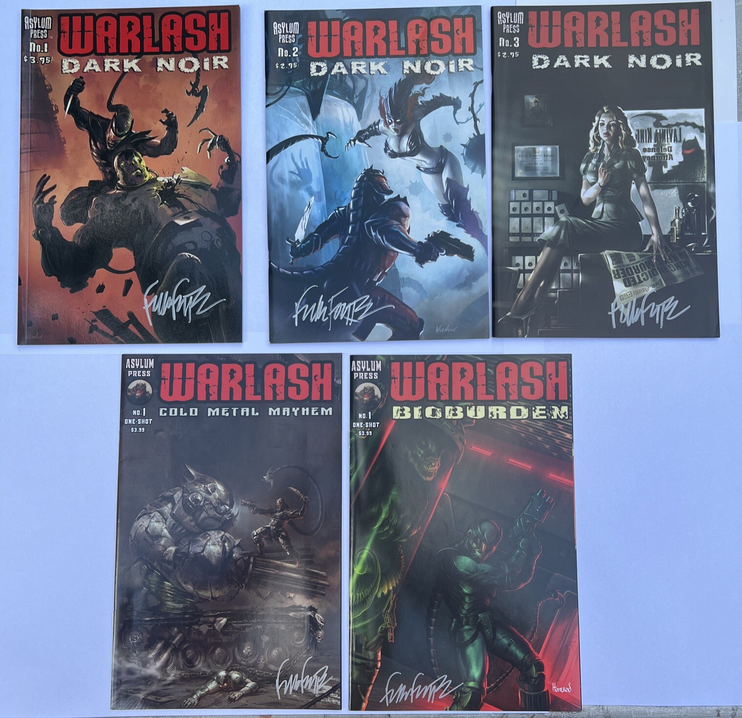 WARLASH Lot DARK NOIR 1-3 Cold Metal Mayhem & Bioburden #1 Signed Frank Forte