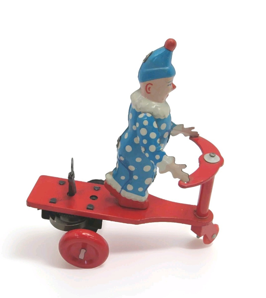Good condition Circus19-20 model 153, 美品 Vtg Clown Riding Red Scooter Metal WindUp Chinese Tin Toy & Box