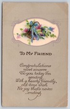 To My Friend~Basket Full Of Colorful Flowers W/ Ribbon~Made In USA~Vintage PC