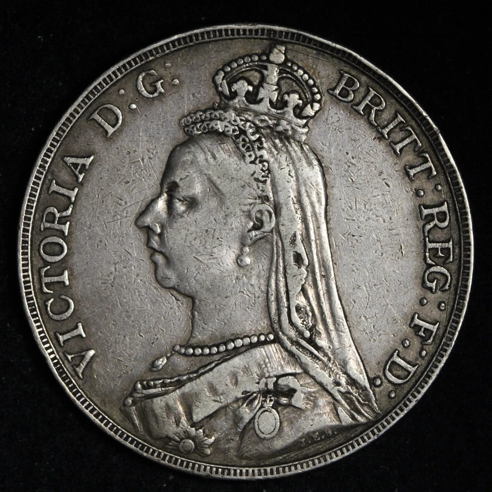 Moneda de plata Victoria Crown Great Britain Dragon Slayer 1889 E366 KPS Foto 2 de 2