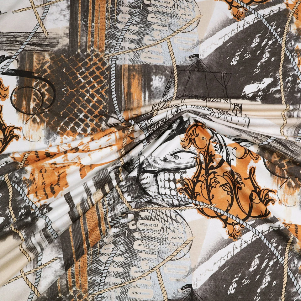 Stoff Viskose Jersey Abstrakt Ornamente Schiffe braun beige weiß orange schwarz - Bild 2 von 4