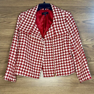 Talbots Moto Red White Houndstooth Wool Zip Up Jacket 12p | eBay