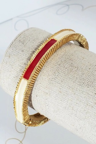 VTG POLCINI Red & Cream Enamel Hinged Minimalist Bracelet Gold-plated RARE - Picture 3 of 11