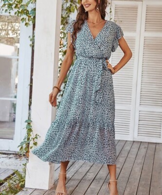 Gaovot Green Abstract Leopard Chiffon Flutter-Sleeve Wrap Dress Size XL |  eBay
