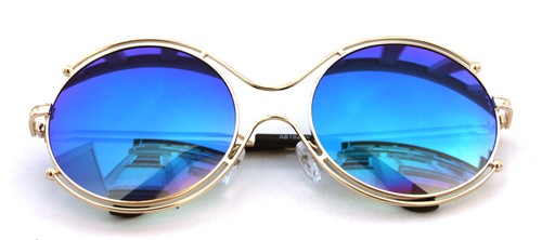 XXL Womens Large Round Halo Coachella Double Rim Sunglasses Gold Blue Mirrored - Picture 3 of 10