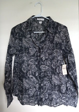 NWT COLDWATER CREEK Blouse S Cotton No Iron Floral Button Up 3/4 Sleeve Black