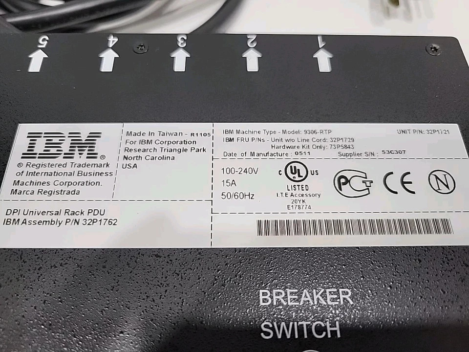 IBM 32P1762 DPI Universal Rack PDU 9306-RTP 7 Total Outlets 1x Breaker - Image 2 of 4