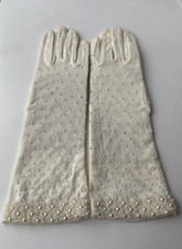 VTG White Evening Gloves Beaded Faux Pearl Wedding Prom Formal Stretchy 1960s