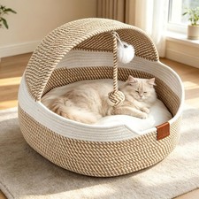 Cat Bed Basket Cushion Stimuli Handwoven Cave Hooded Cotton Rope Woven