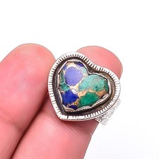 Heart -Copper Azurite Chrysocolla Oxidised 925 Sterling Silver Ring s.8 R37