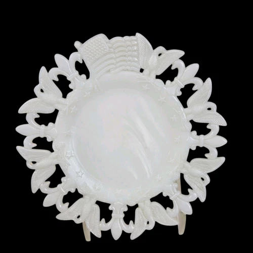 Victorian Milk Glass Plate 1903 Westmoreland Flag Eagle Fleur De Lis Americana