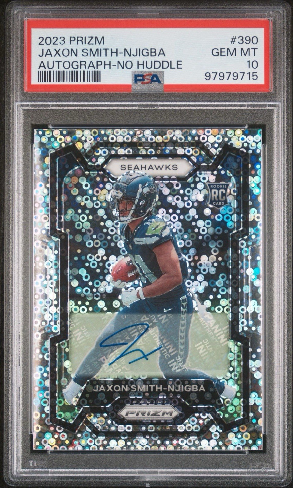 2023 Prizm - Jaxon Smith-Njigba Rookie RC Auto No Huddle #390 PSA 10 Seahawks