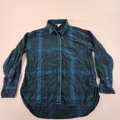 Time & Tru Blue Plaid Long Sleeve Button-Up Cotton Flannel Shirt Women's M