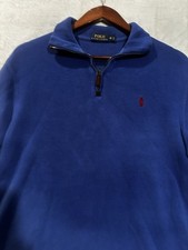 VTG Polo Ralph Lauren Sweater Men Medium Royal Blue Preppy 1/4 Zip Red Logo
